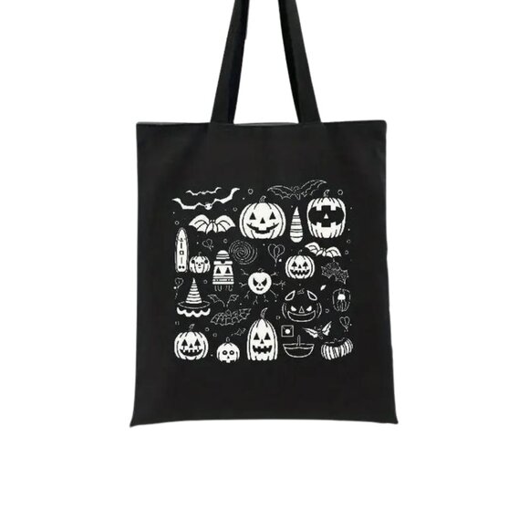 NWT Halloween Black Tote Bag with White Spooky Design - 13.8"x15.3" - Picture 3 of 5